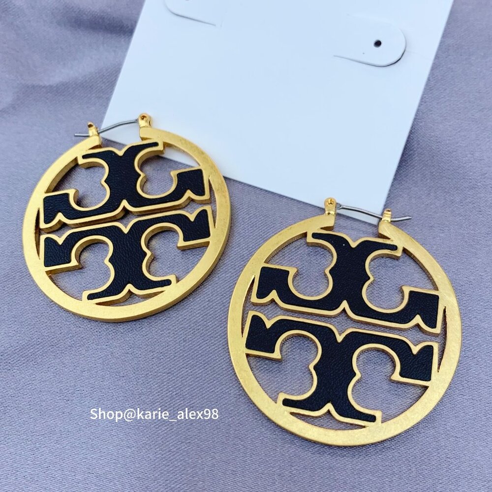 NEW Tory Burch Inlay Leather Miller Hoop Statement Earrings in Gold/BK Leather